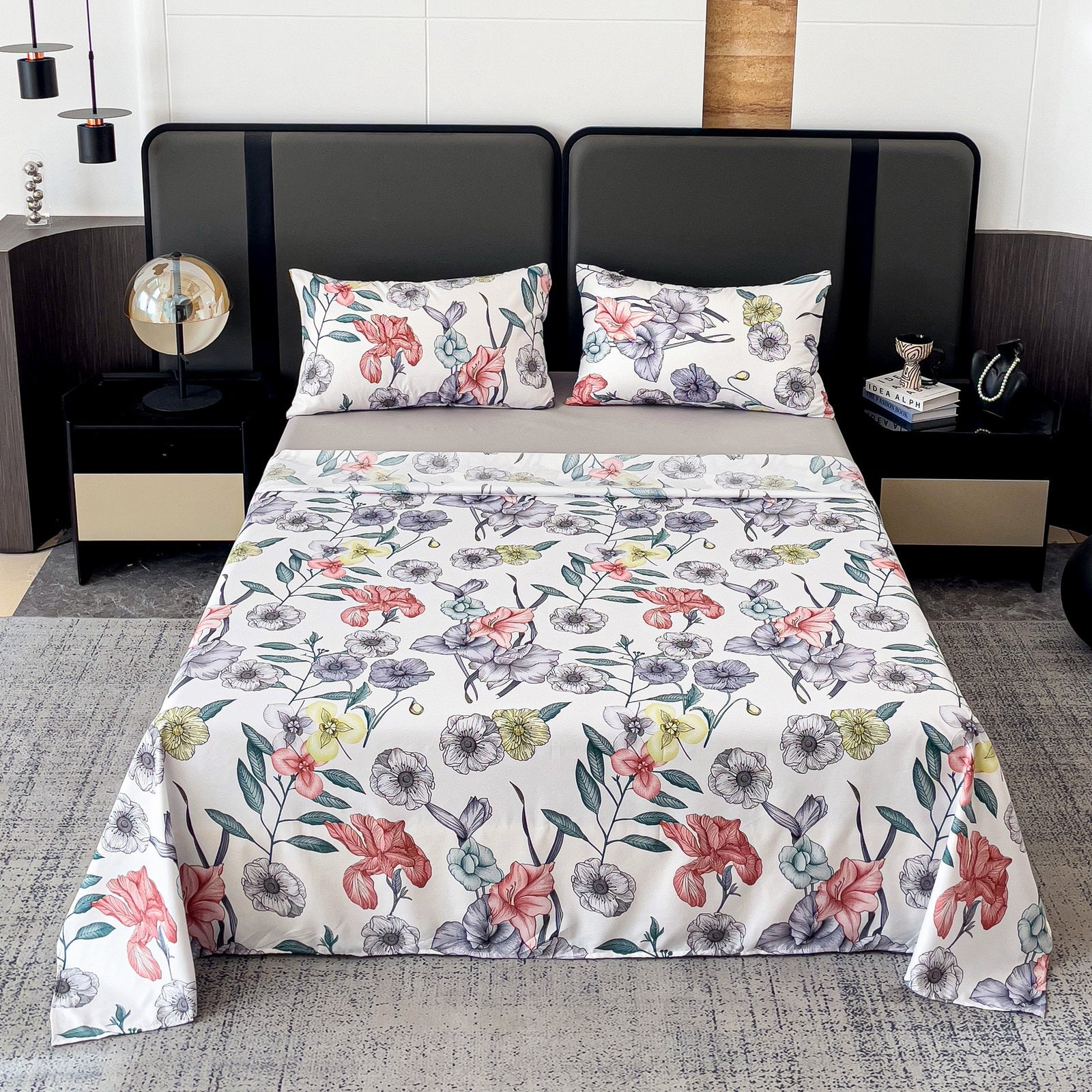 Imagen de Juego de sábanas Juego de sábanas 4 piezas Estampado floral y bajera lisa en color Cama 90 de Meishida