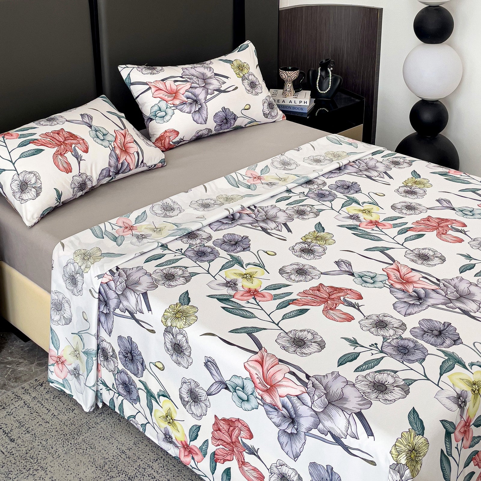 Imagen de Juego de sábanas Juego de sábanas 4 piezas Estampado floral y bajera lisa en color Cama 90 de Meishida