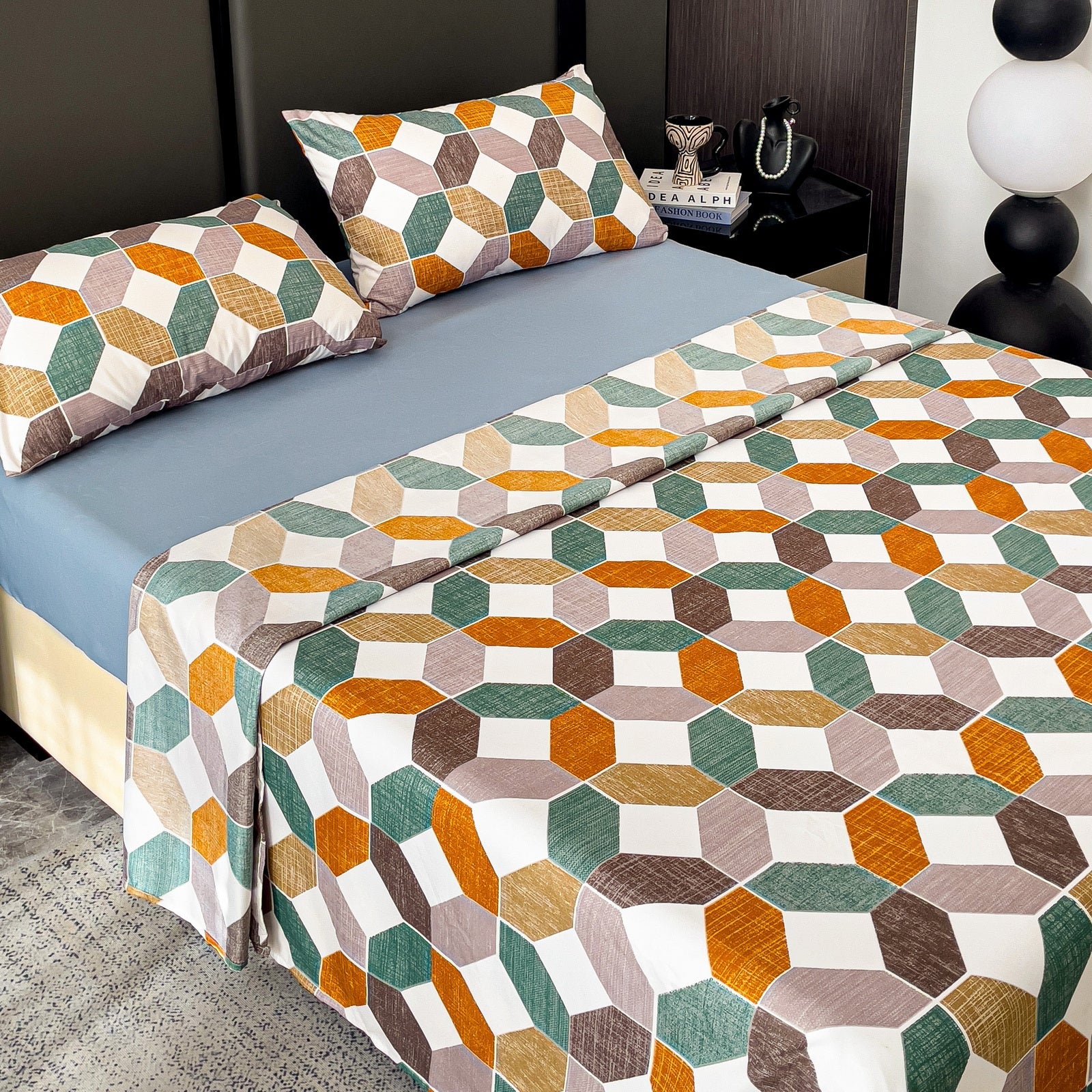 Imagen de Juego de sábanas Juego de sábanas con patrón geométrico – 4 piezas en color Cama 90 de Meishida